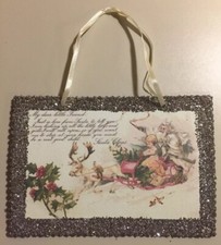 Vintage Repurposed Post Card Santa Claus Christmas Glitter Ornament 6.5"