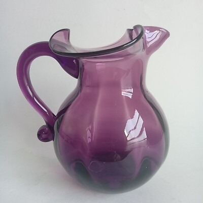 Vintage Amethyst Blown Glass Pitcher Ice Lip and Applied Handle