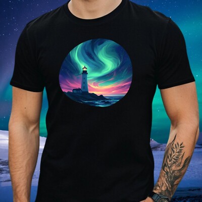 Mens Lighthouse Northern Lights Print Cotton T-Shirt Size XS to 5XL