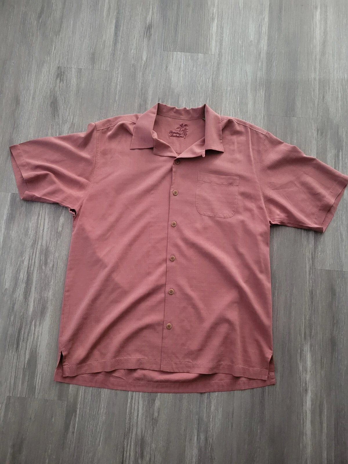 Tommy Bahama Shirt Men Pink Salmon Hawaiian Camp Silk Relax Casual Beach Golf