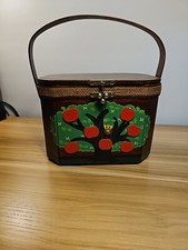 UNIQUE FOLK ART HAND PAINTED WOODEN PURSE APPLE ARTIST SIGNED