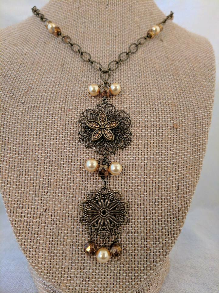 Antique brass necklace with Swarovski crystals pearls and Czech glass 17.5 inch