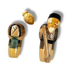 Vintage 70s Kokeshi Dolls Set Old Man Old Woman Painted Wood 5" Folk Art FLAW