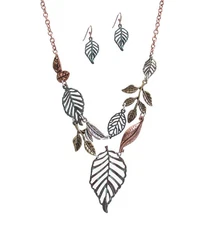 Patina Tri-tone Rustic Metal Leaf Link Pendant Necklace and Earrings Set