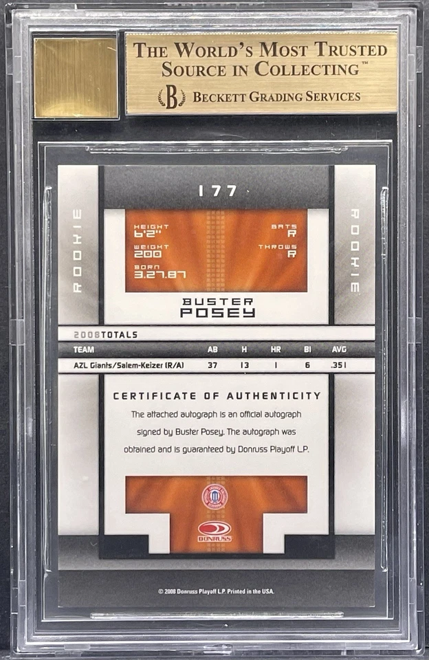 2008 Elite Extra Edition Buster Posey RC /934 BGS 9.5 AUTO 10 SF Giants Rookie - Image 2 of 2