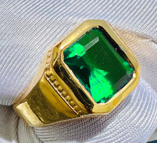 Green Emerald Gemstone Ring With 925 Sterling Silver Men's Gold Plated Ring