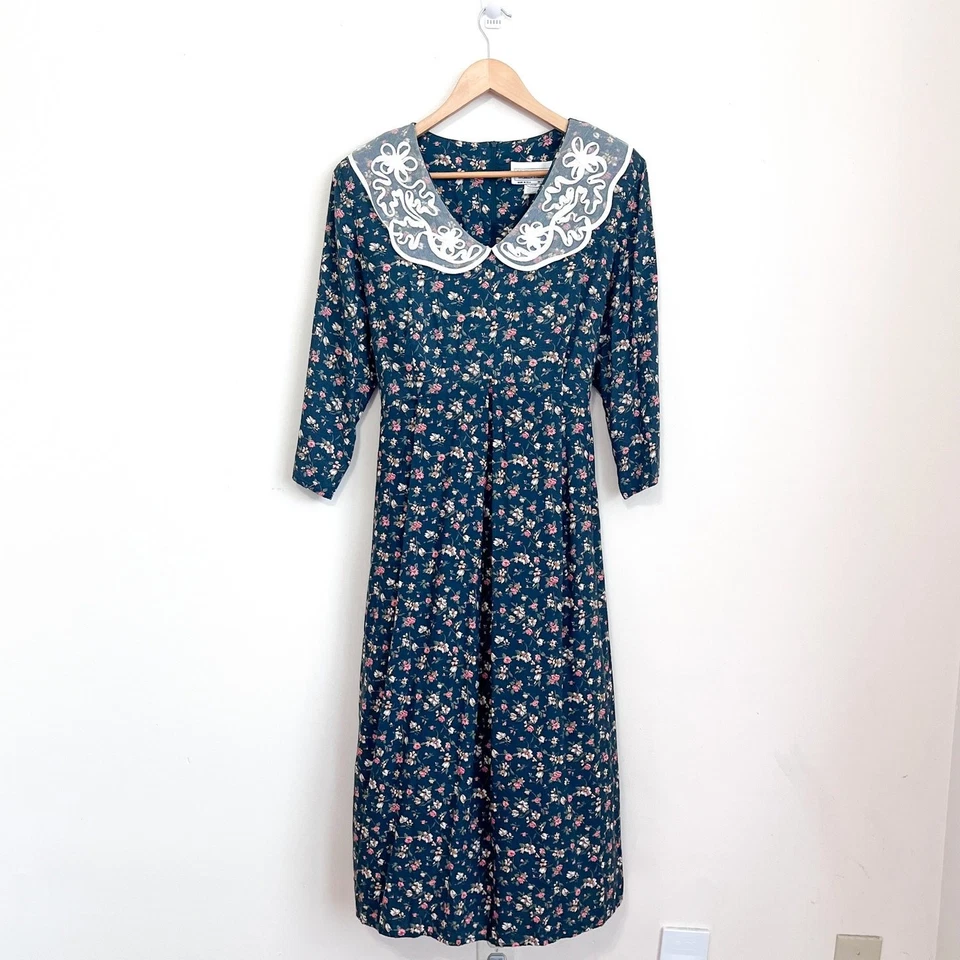 Vestido Vintage Cottagecore Pradera Talla 20W Verde Floral Encaje Campesino Campesino  Foto 3 de 4