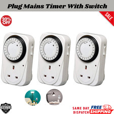 Image of Plug In Timer 24 Hour White 3 Pack 3 Pin Plug Mains Timer With Switch