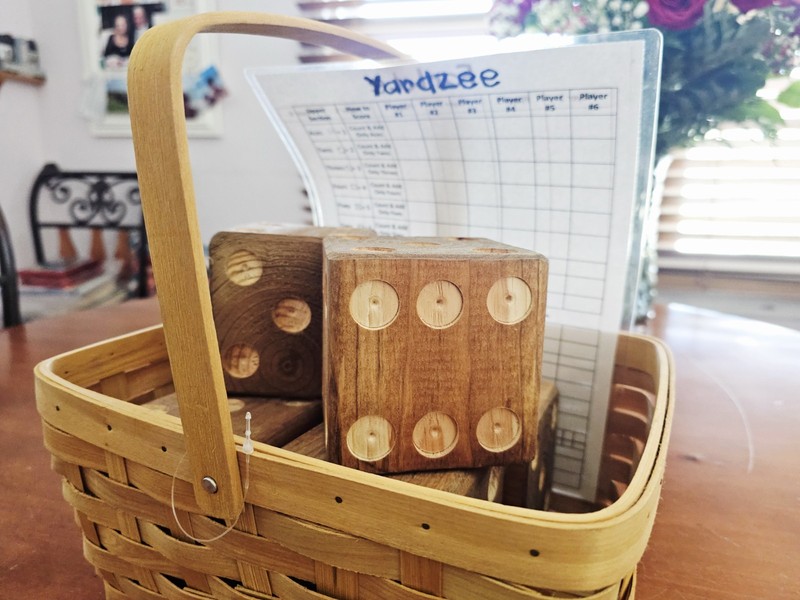 SET of 6 Large Wooden Dice Yardzee-Yahtzee-Farkle Yard Game Basket Score Card