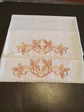 Set Of Regular Sized Hand Embroidered Pillow Cases With Lace Crocheted Edging