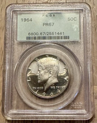 1964 Kennedy Silver Half Dollar Proof Coin, First Year Issue, OGH PCGS PR67