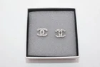 CHANEL Silver Tone Crystal CC Logo Stud Earrings With Box