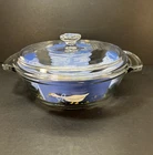 Vintage 1987 Anchor Ovenware White Goose Blue Ribbon 1.5 Qt Glass Casserole Dish