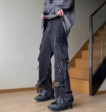 Men's Straight Leg Black Denim Cotton Pockets Jeans Punk Motorcycle Buckle Pants