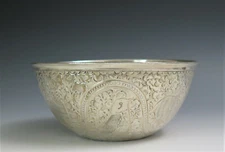 ANTIQUE ARTHUR A KRUPP BERNDORF ALPACCA SILVER CHASED ASIAN ETHNIC BOWL GERMANY