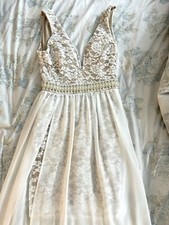 Crystal Doll V neckline white pearl and lace prom dress