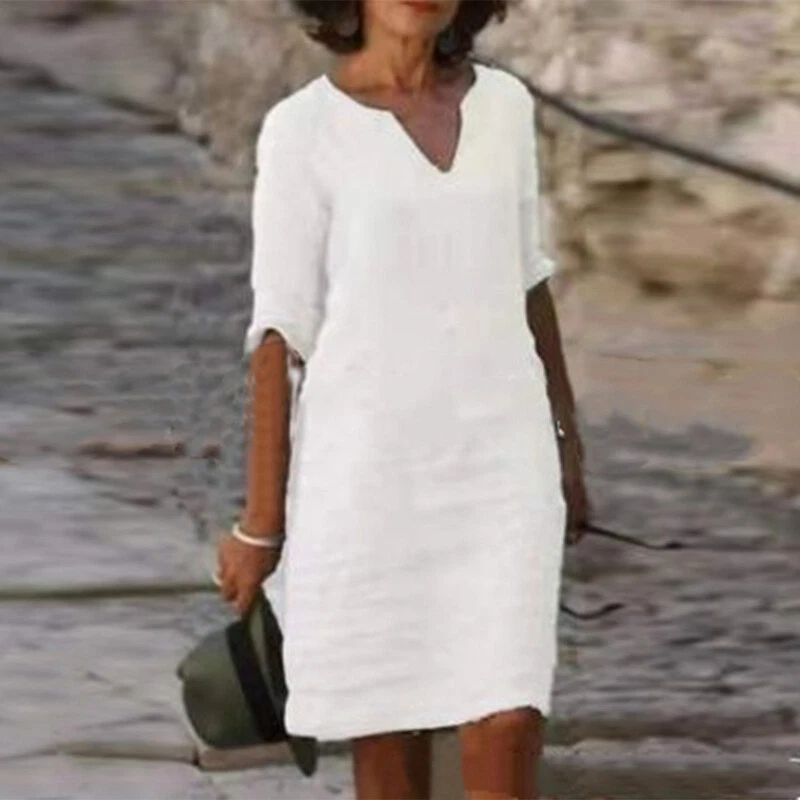 Femmes Coton Manches Courtes Lin Robe Femmes Solide Col V Bouffant