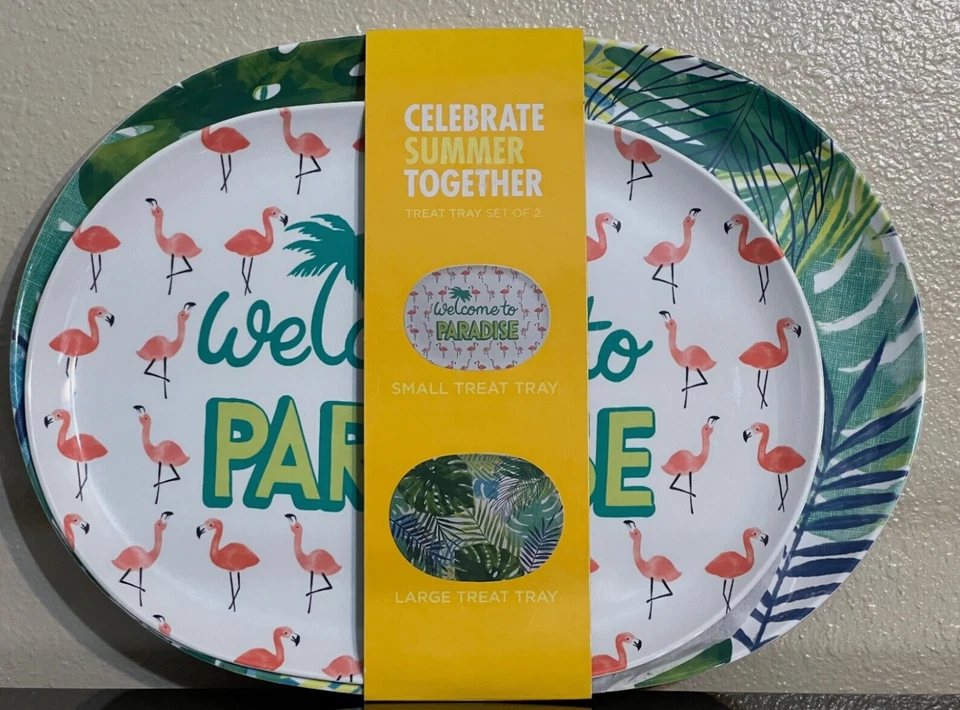 2 Party Serving Trays Flamingo Palm Leaf  Welcome to Paradise 2 Sizes NWT - Image 2 of 2