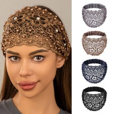 Wide Hollow Out Lace Head Wraps Floral Pearl Elastic Hair Band Knit Fabric Soft