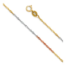 Wellingsale 14k Tri Color Gold Solid 1.2mm Singapore Chain Necklace
