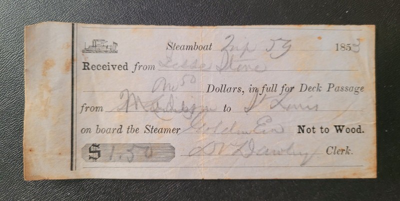 1853 STEAMBOAT TICKET on "GOLDEN ERA" MADISON TO ST. LOUIS