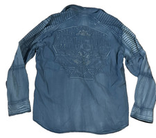 Affliction Motors Button-Down Shirt Mens Size XL Blue Gray Graphic Print Vtg Y2K