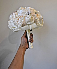 Handmade Satin Rose Ribbon Wedding Bouquet Artificial Bridal Pearls Beads Ivory
