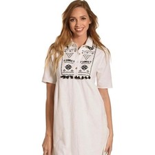 Polagram Womens White Embroidered Tassel Boho Shift Dress Short Sleeve Pockets S