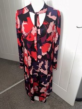 Kim & Co size large red floral midi dress neck tie UK 16/18 Stretch Jersey