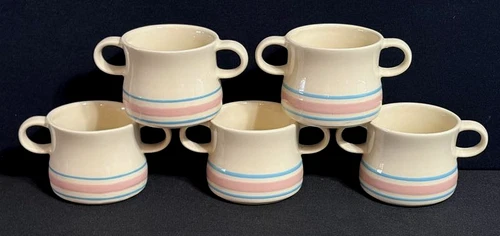 5 Vintage 1970's McCoy Blue Pink Stripe Double Handle Soup Mugs Bowls Stonecraft