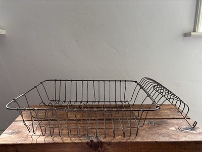 Vintage Metal Wire Dish Drying Rack Foldout Drainer Farmhouse Primitive UnCoated
