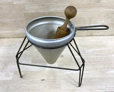 Aluminum Cone Colander with Food Stand & Wood Pestle Canning/Strainer/Sieve