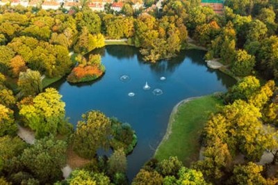 Wandbild: Draufsicht auf den blauen See mit Springbrunnen im Stadtpark. [...]