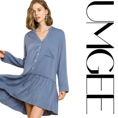 NWT S UMGEE Dolphin BLUE Roll Sleeve Drop Waist Ruffle Hem Dress/Tunic BHCS