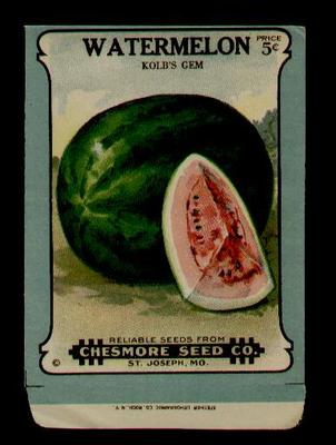 1910's WATERMELON GEM LITHO SEED PACKET 5 CENTS-CHESMORE SEED, ST. JOSEPH, MO 