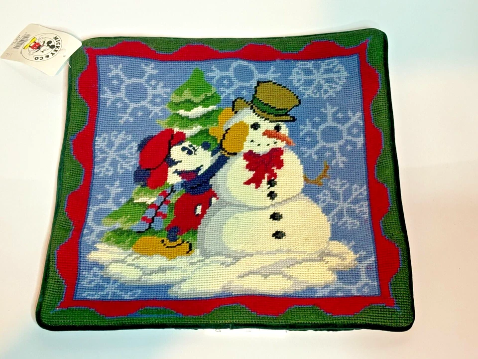 NWT Disney Wool Needlepoint Pillow Cover Christmas Mickey Mouse Snowman 14" - Image 2 of 4