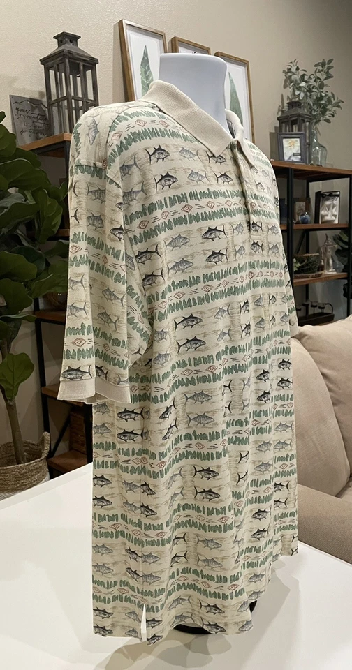 Summa Men's Short Sleeve Hawaiian Polo Shirt Fish Size XL , Cream, Green, Black - Image 3 of 4