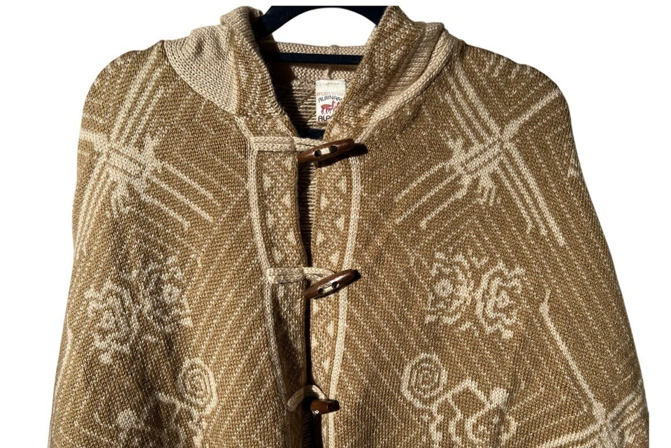Women's Alpaca Wool Hooded Knit Yarn Cape Coat Poncho - Wooden Buttons - Image 2 of 3