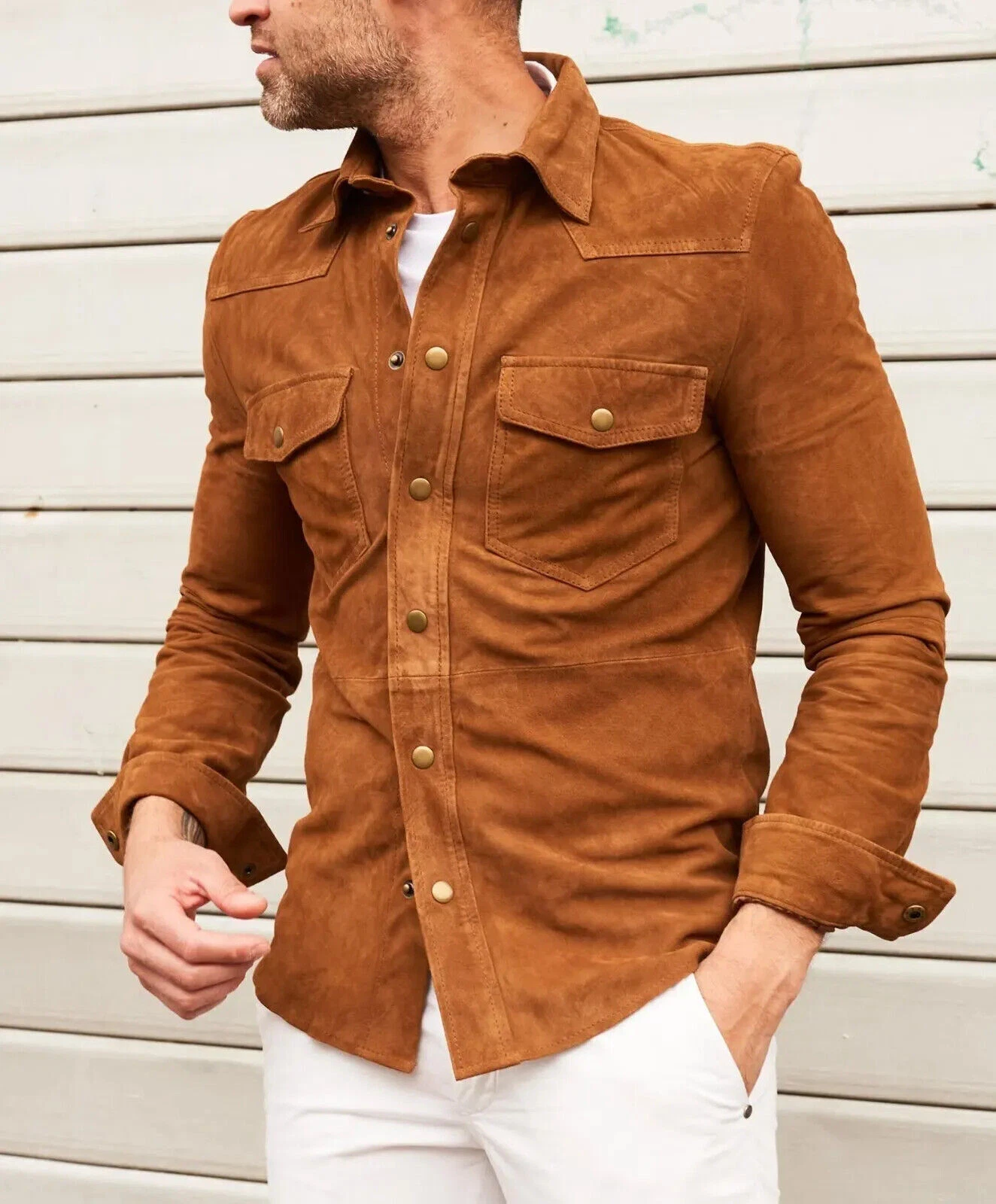Mens Brown Suede Shirt Leather Trucker Jacket Western Style Button Shirt - 143
