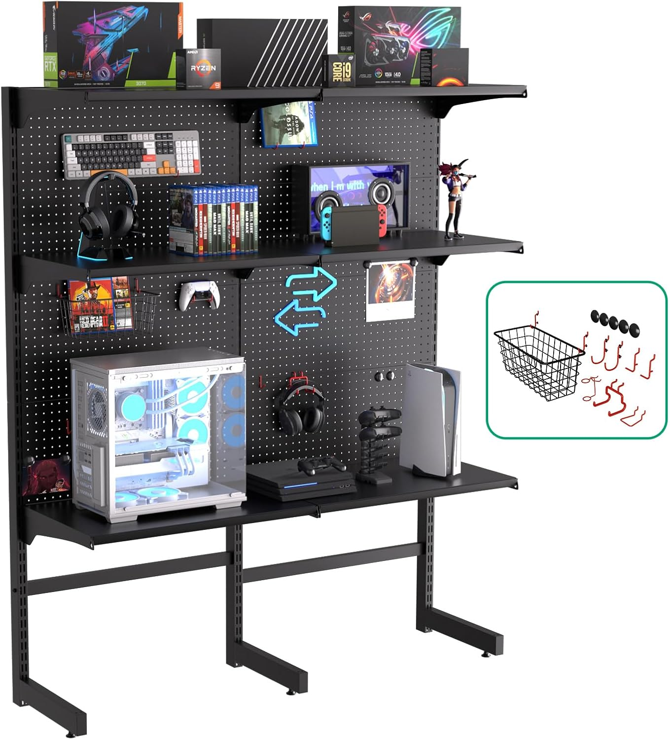 DDB Gaming Modular Pegboard Standing Shelf Units with Shelf System