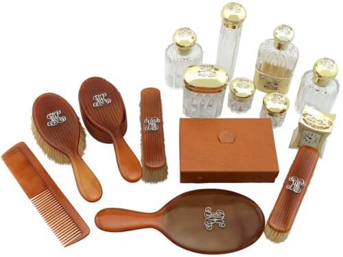 Antique Sterling Silver Gilt and Celluloid Gent's Travelling Vanity Set (1899) - Picture 4 of 24