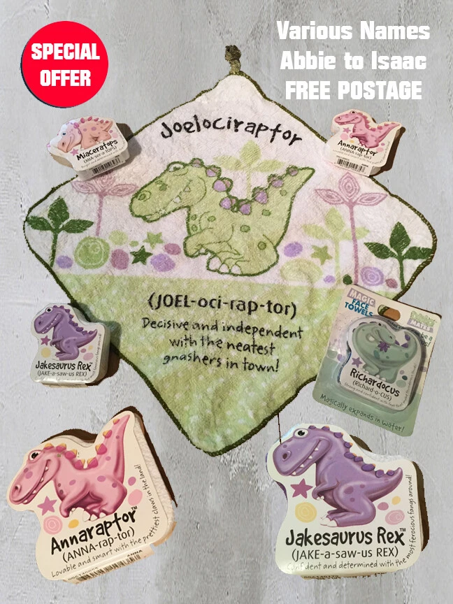 HISTORY & HERALDRY Personalised Dino Mates Face Towels - (Names J to P) - Children's Birthday Party