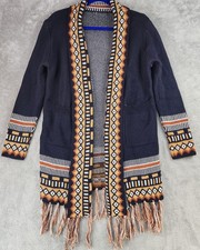 Boho Cardigan Sweater Womens Large Navy Aztec Fringe Open Front Knit Long