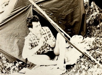 1970s Man Swimming Trunks Tourist Tent Vintage Black White Photo