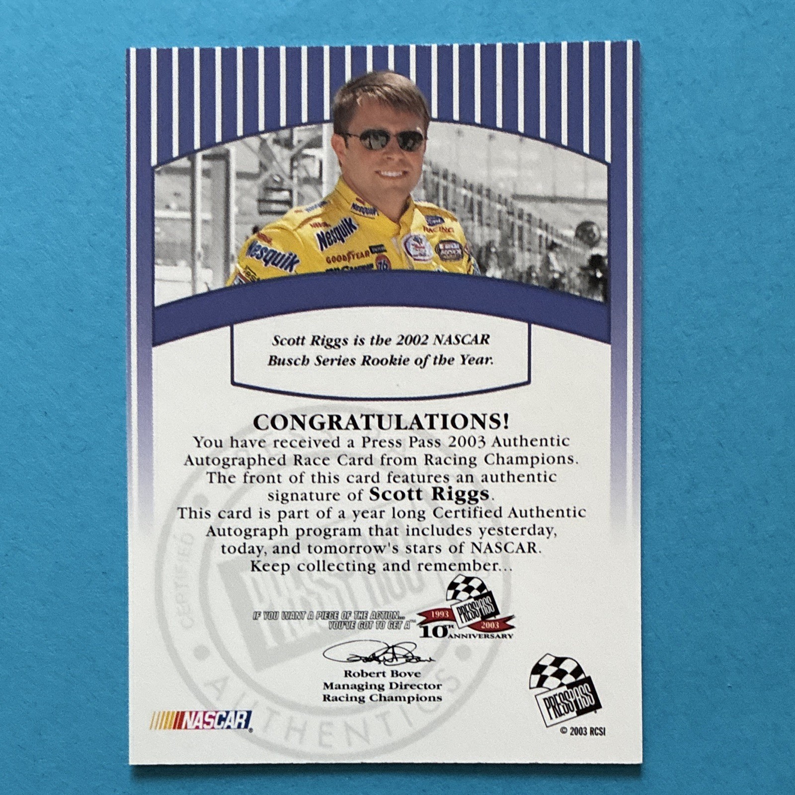 Press Pass 2003 Signings Scott Riggs Autograph Insert #PSA-SR NASCAR Card view 2