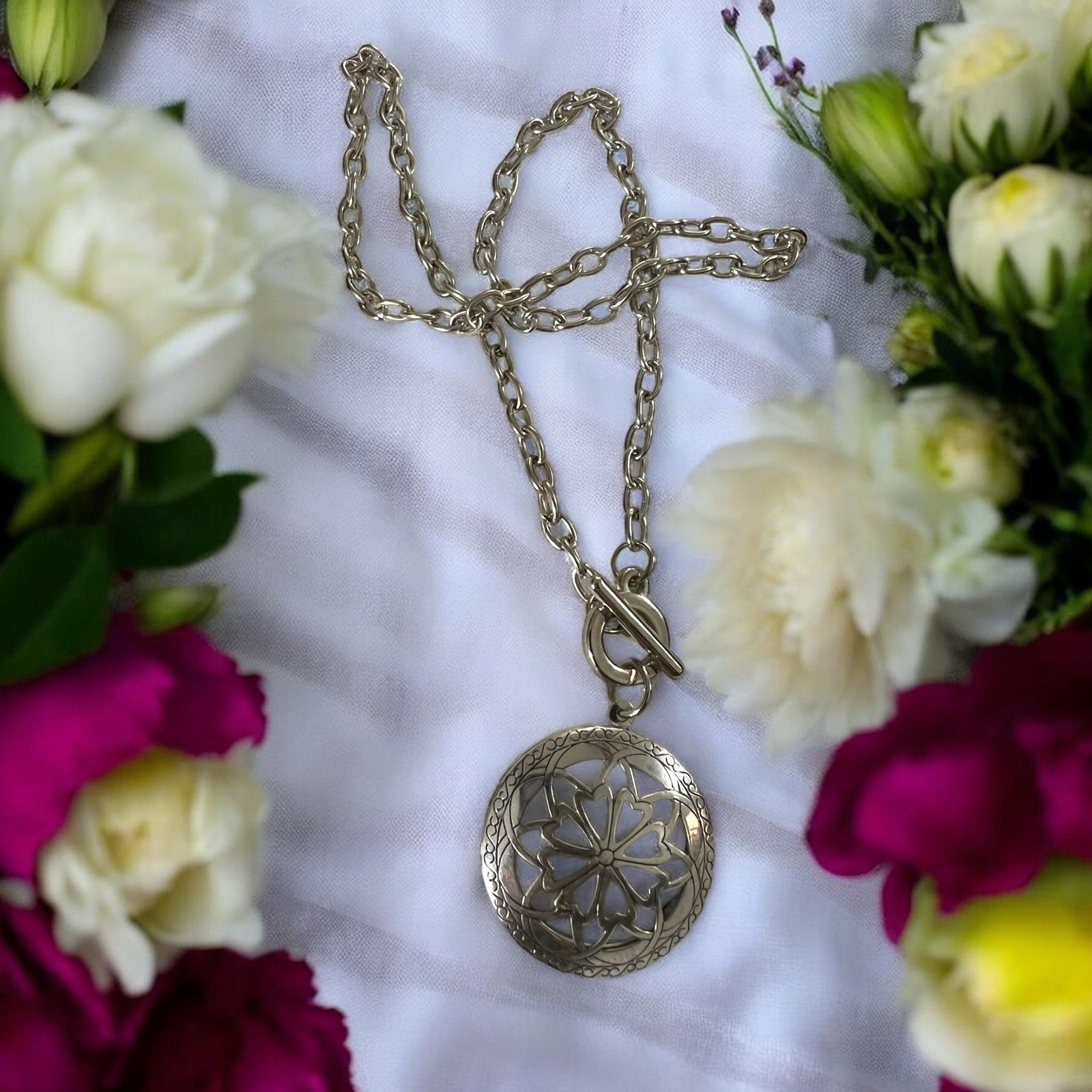 Silver Essential Oil Diffuser Toggle Clasp Floral… - image 5