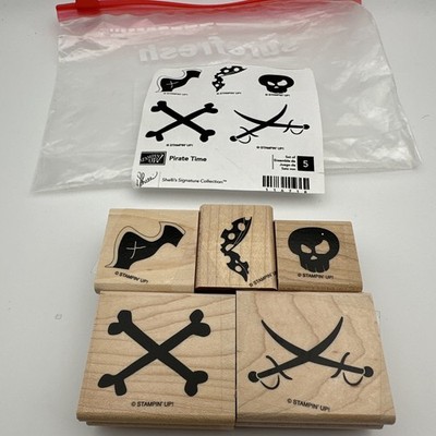 Stampin Up Pirate Time Set SKULL SWORDS FLAG SET 5 WOOD RUBBER STAMPS