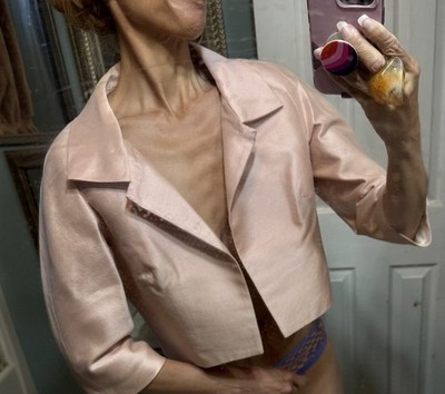 Vtg Leon Frohsin Silk Pink Crop Bolero Jacket 3/4 Sleeves 50s 60s XS S M