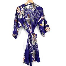 Vintage Japanese Kimono bath robe dressing gown satin purple floral Asian 42