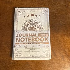 Journal Notebook White Faux-Leather Hardcover, Celestial Design, 100 Ruled Paper